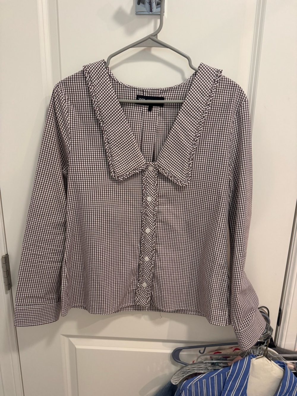 Zara Brown and White Gingham Button-Down Shirt